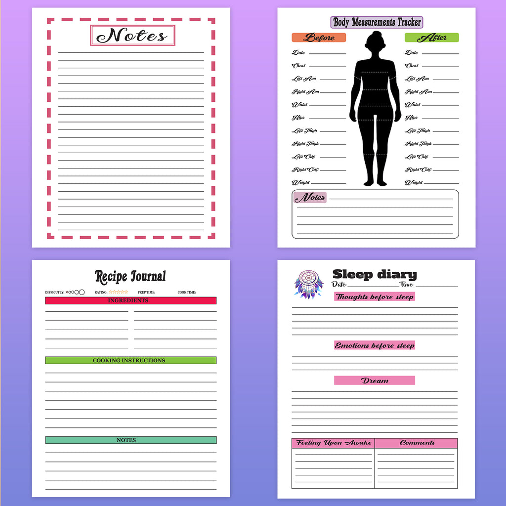 Body Measurements Tracker | Recipe Journal | Sleep Diary | Notes - Printable Planners
